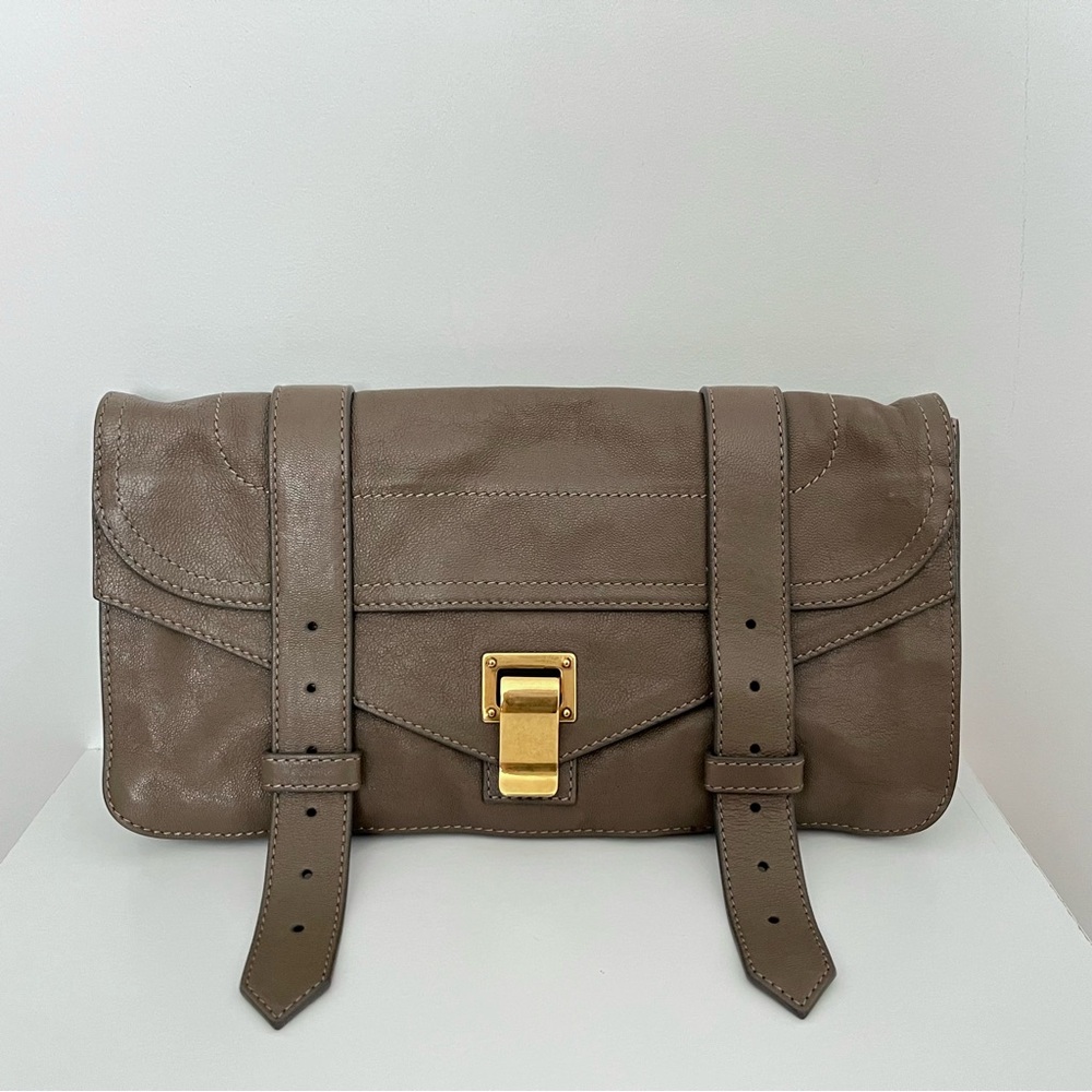 Proenza Schouler PS1 Leather Clutch Pochette Bag Greenish Taupe Quiet Luxury